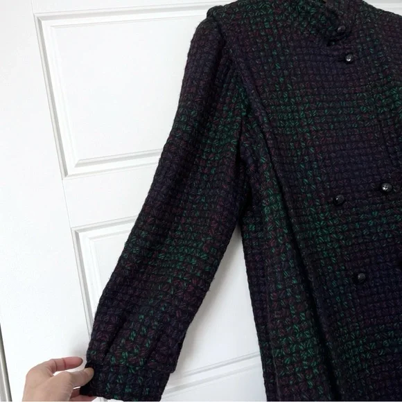 Vintage Tweed Peacoat Womens 10 Purple Green Wool 90s Classic Double Breasted - Picture 9 of 15